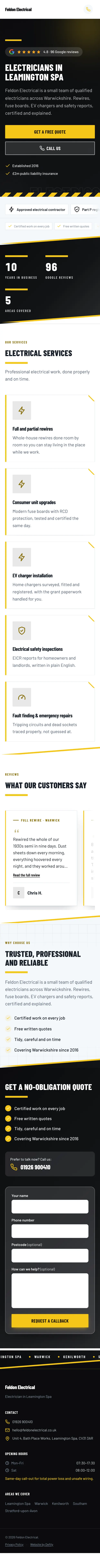 Example electrician website on a phone: black and hi-vis yellow with bold block lettering.