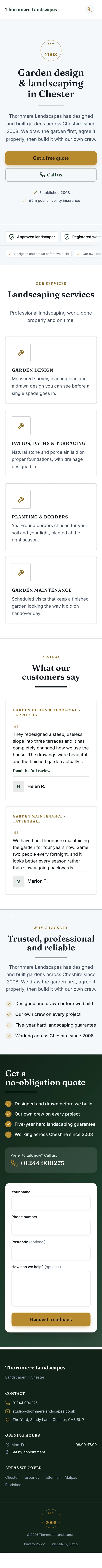 Example landscaping website on a phone: cream, racing green and brass, serif headings.